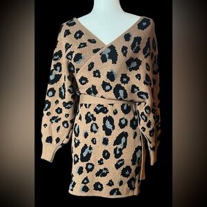 Leopard Print V-Neck Sweater Dress
